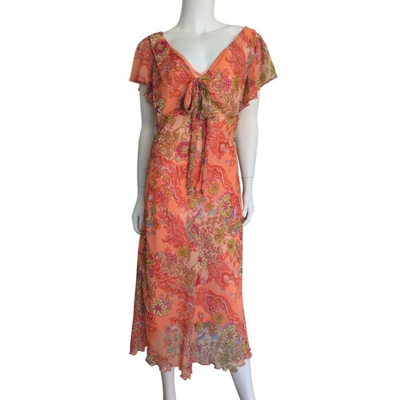 Y2K Floral Paisley Bow Front Chiffon Midi Dress Flutter Sleeve 12 Fairy Grunge - Picture 1 of 7